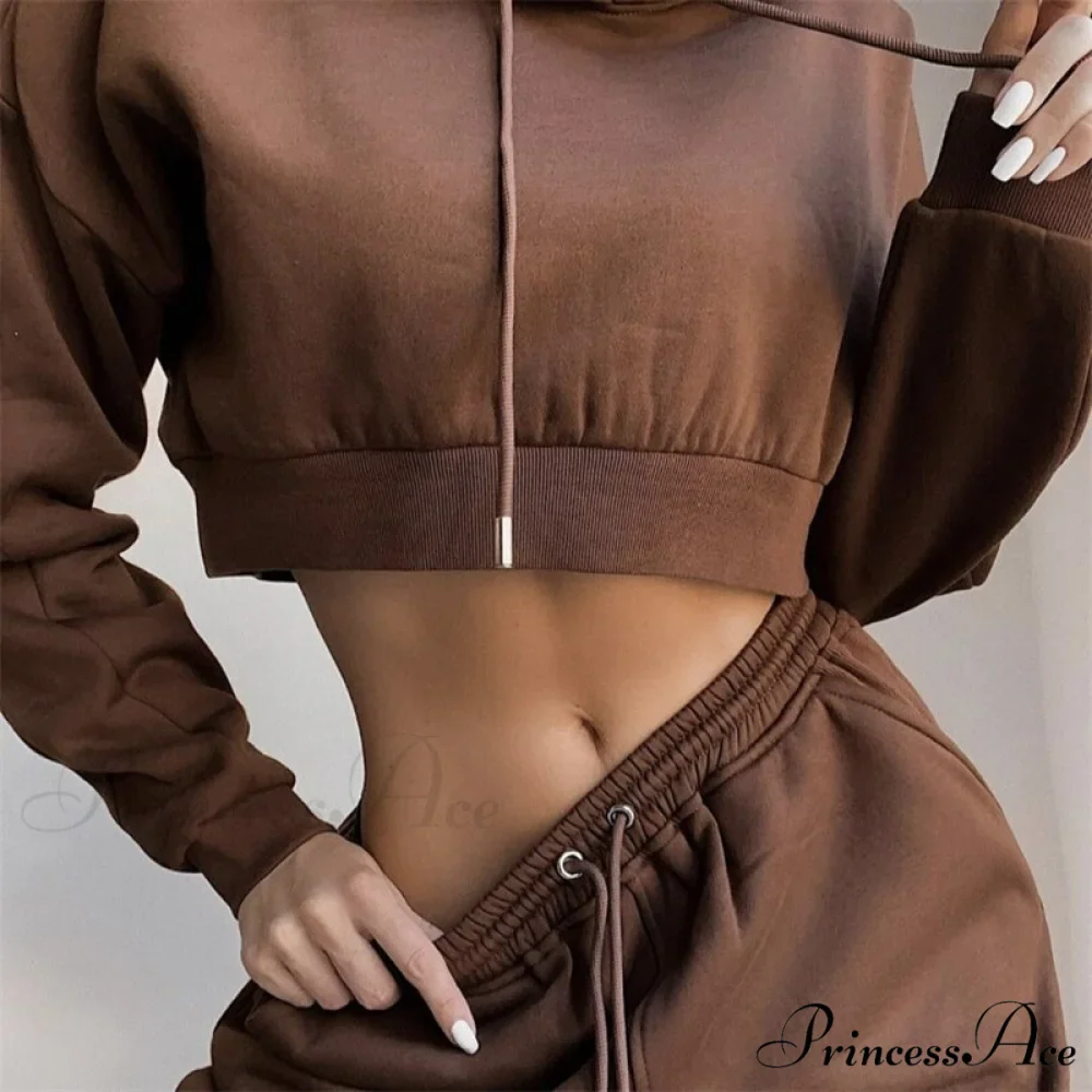 Crop Set and Hooded Sweatshirt Two Solid Tracksuit Fleece Top Piece Women's - Pants - Image 3