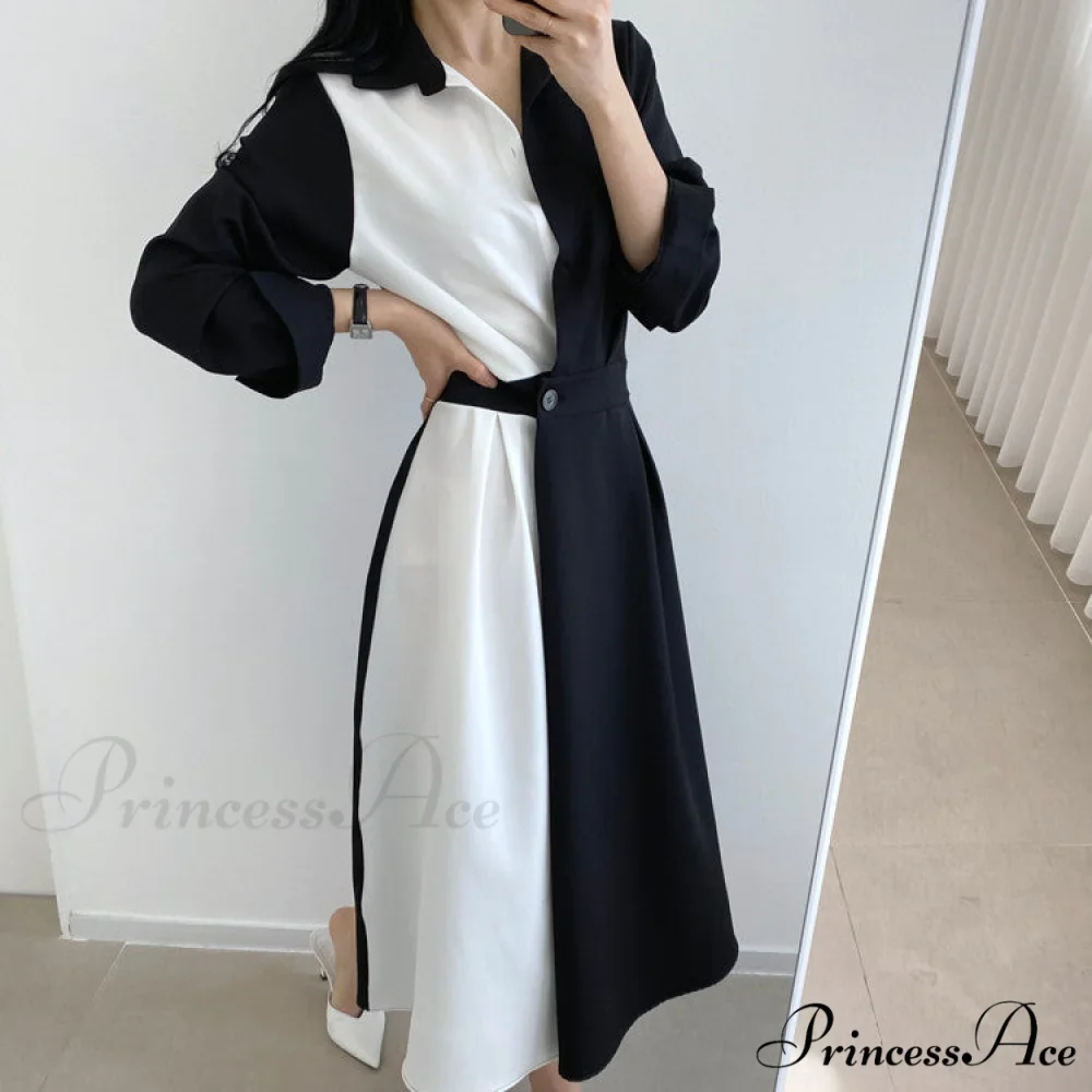 Contrast - Blouse Lapel Fashion Midi Gown Elegant Color Retro Gown Slim Long-Sleeved Korean Chic for Women - Image 16