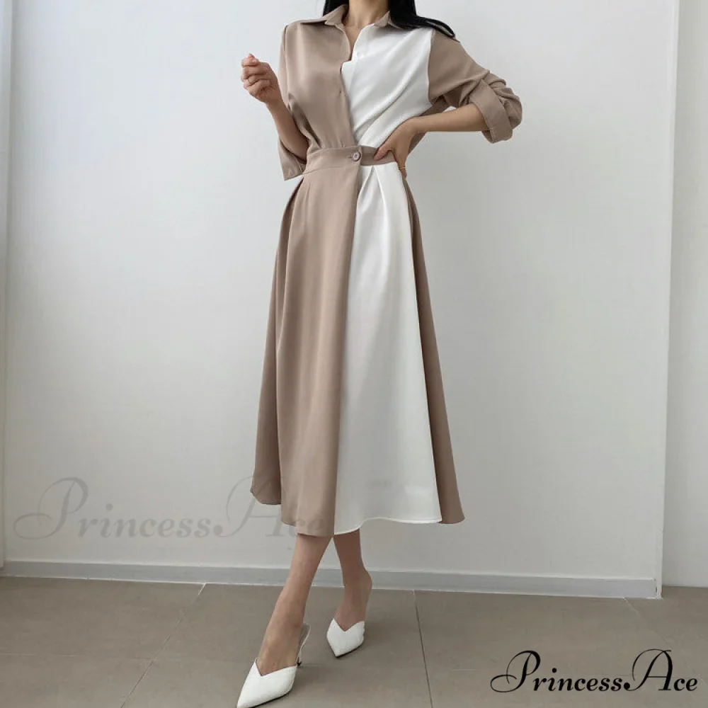 Contrast - Blouse Lapel Fashion Midi Gown Elegant Color Retro Gown Slim Long-Sleeved Korean Chic for Women - Image 6