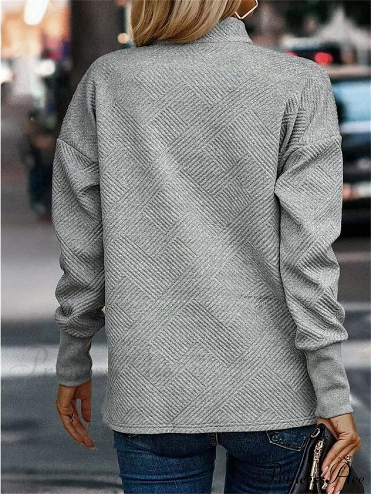 Long Sweatshirt Color Arm Textured Gray Neck Casual Pullover V Women's Solid Top - Image 2