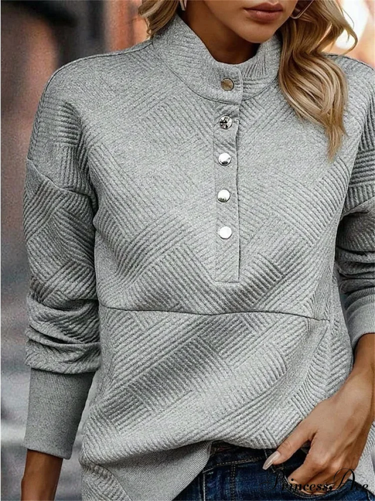 Long Sweatshirt Color Arm Textured Gray Neck Casual Pullover V Women's Solid Top - Image 3