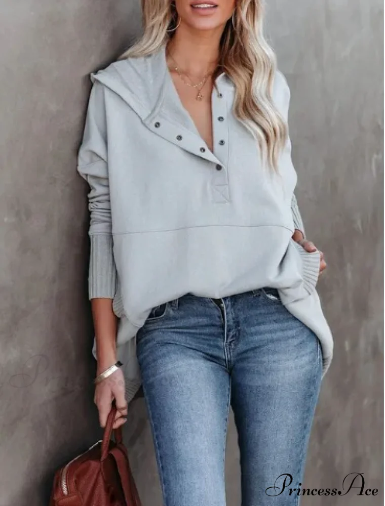 Long Sweatshirt Color Arm Textured Gray Neck Casual Pullover V Women's Solid Top - Image 4