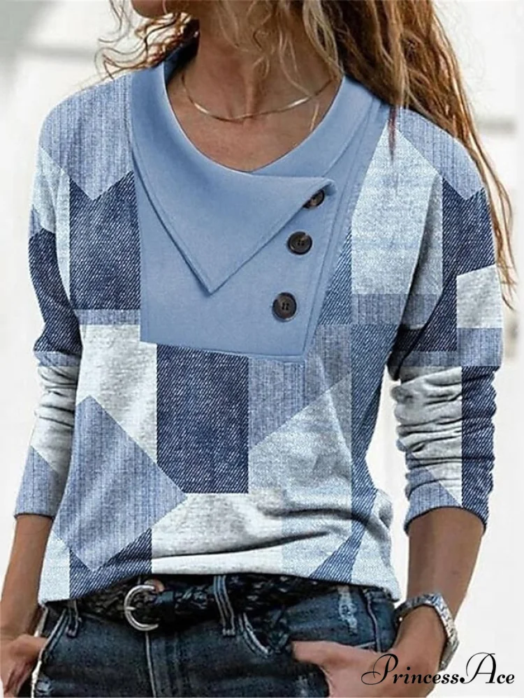 Women's Blue Button Long Neck Pile Design Basic Abstract Navy Tee shirt Red Arm Geometric V Weekend Casual T Neck Painting - Image 8