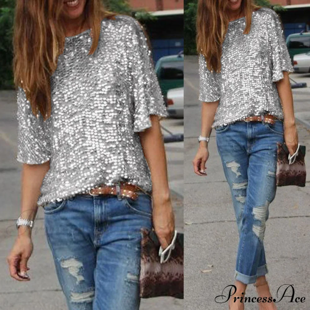Women's - Spring/Autumn Off-Shoulder - Long Sequin Arm T-Shirt Fit Shining Loose Top - Image 3