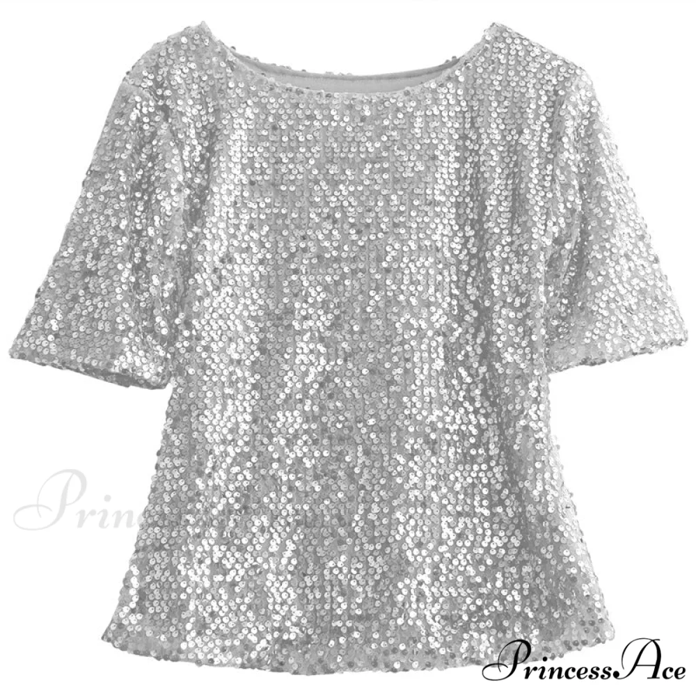 Women's - Spring/Autumn Off-Shoulder - Long Sequin Arm T-Shirt Fit Shining Loose Top - Image 5
