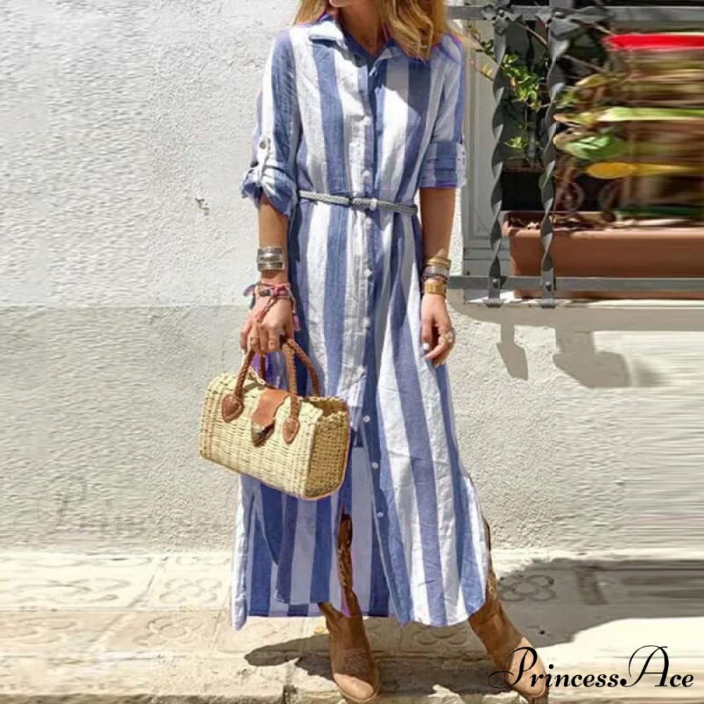 Blouse Long Loose Casual Gown Office Long Gown Autumn Striped Single-Breasted Design Harajuku Lapel Arm - Women Dresses - Image 3