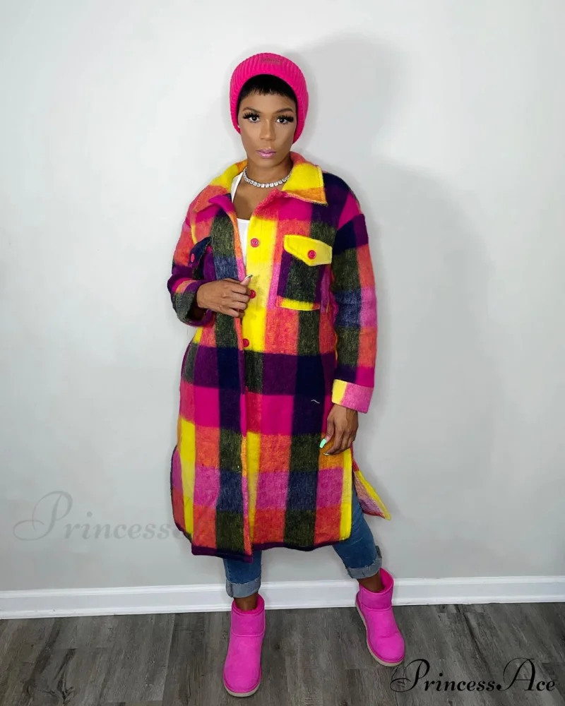 Single for Turn-down Breasted Outcoat Neck Long Arm Wool Blend Plaid Women - Image 2