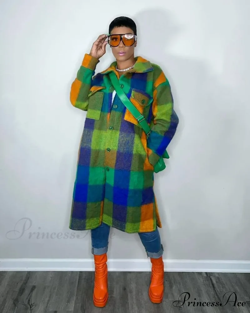 Single for Turn-down Breasted Outcoat Neck Long Arm Wool Blend Plaid Women - Image 4