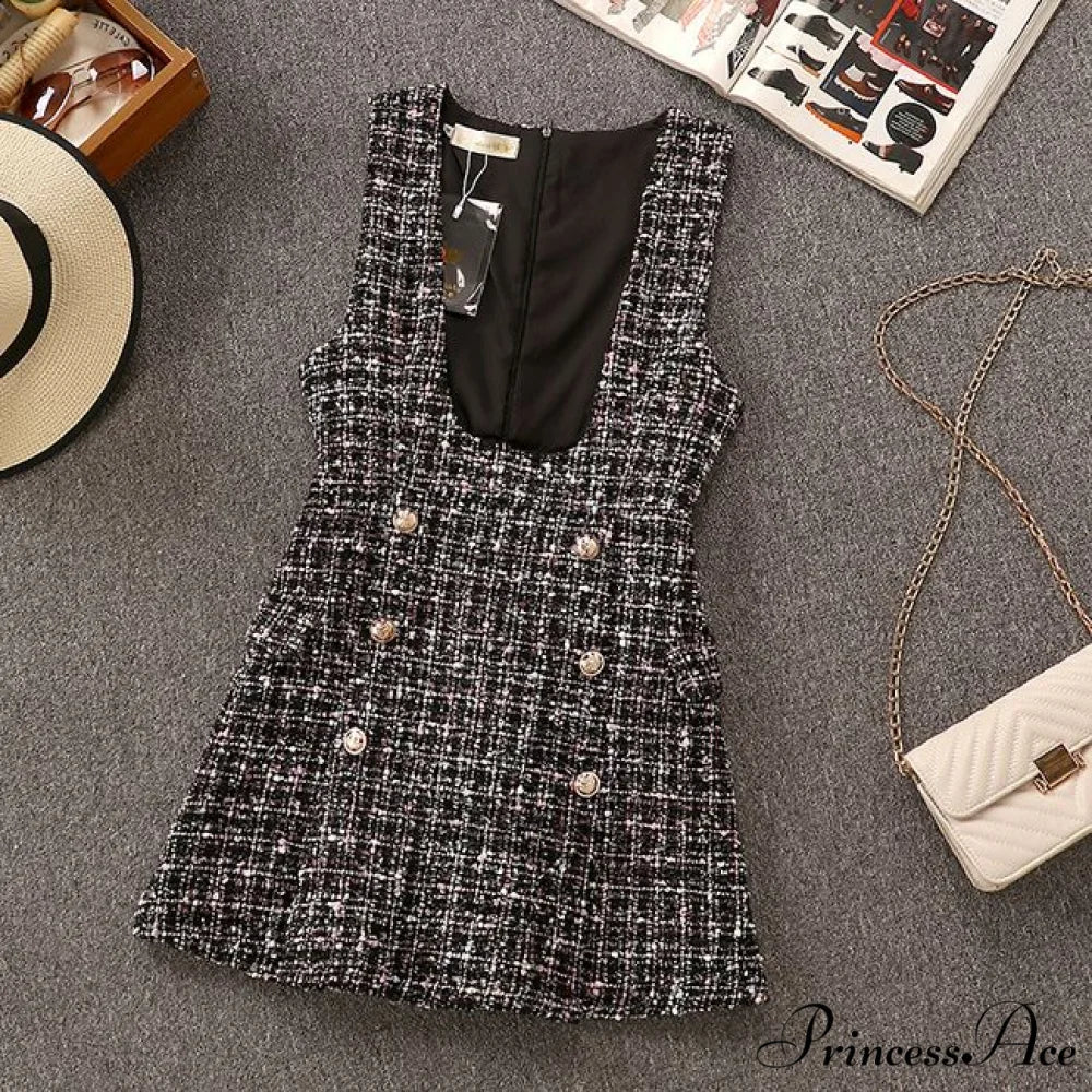 Tweed Elegant Gown Plaid + Chiffon Bow Top Double Breasted Vest Ruffles Blouse Set - Image 2