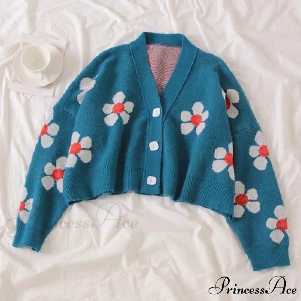 Cardigan Style Doat Retro Design Knitted College V-neck Spring Loose Green Light Flower Sweater Blouse - Image 4