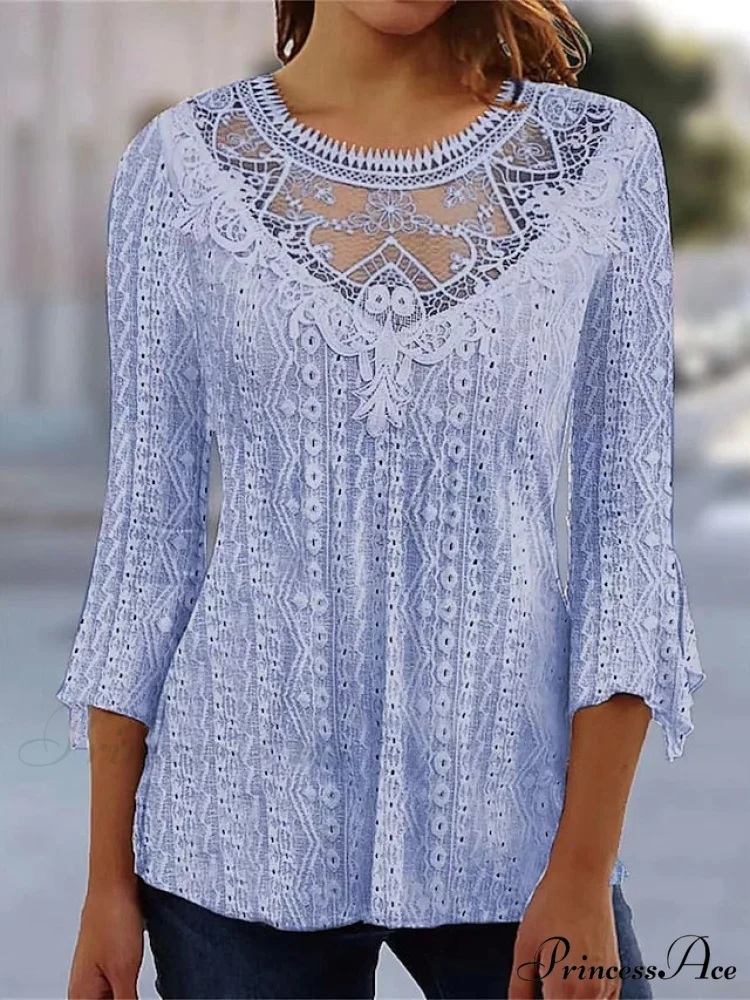 Arm Blouse Neck Black Blouse Pink Round White Lace 3/4 Casual Women's Regular S - Image 3