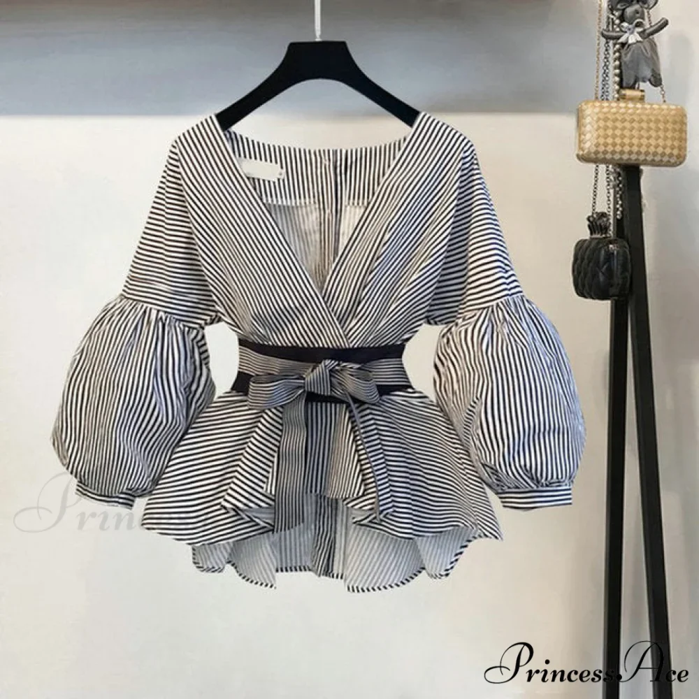 Spring Women's Bow Pants Lantern Flare Black + Striped Split Warm-Season Blouse Arm Arm Set - Image 4