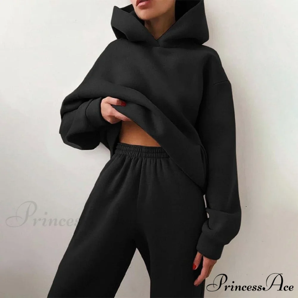 Elegant with Long Sweatshirt Women's Set and Hoodie Lace-Up Warm Pant Solid Detail - Image 5