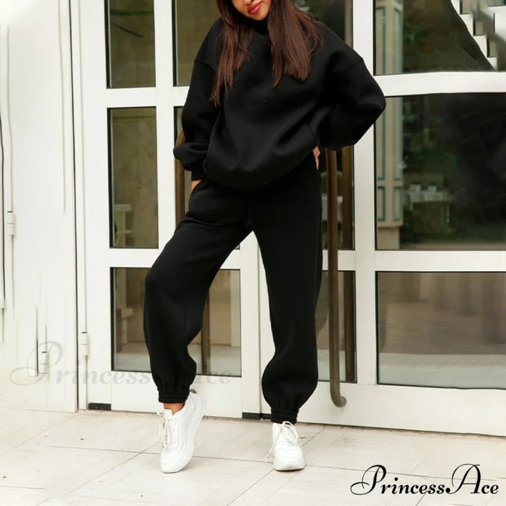 Elegant with Long Sweatshirt Women's Set and Hoodie Lace-Up Warm Pant Solid Detail - Image 8