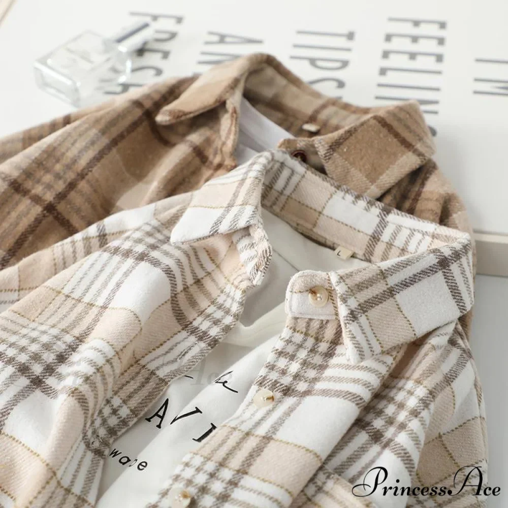 Woolen Blouse Women's Ropa Arm Top Plaid Blouse Coat Long De Thickened Mujer