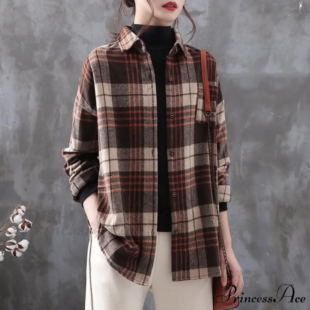 Woolen Blouse Women's Ropa Arm Top Plaid Blouse Coat Long De Thickened Mujer - Image 4