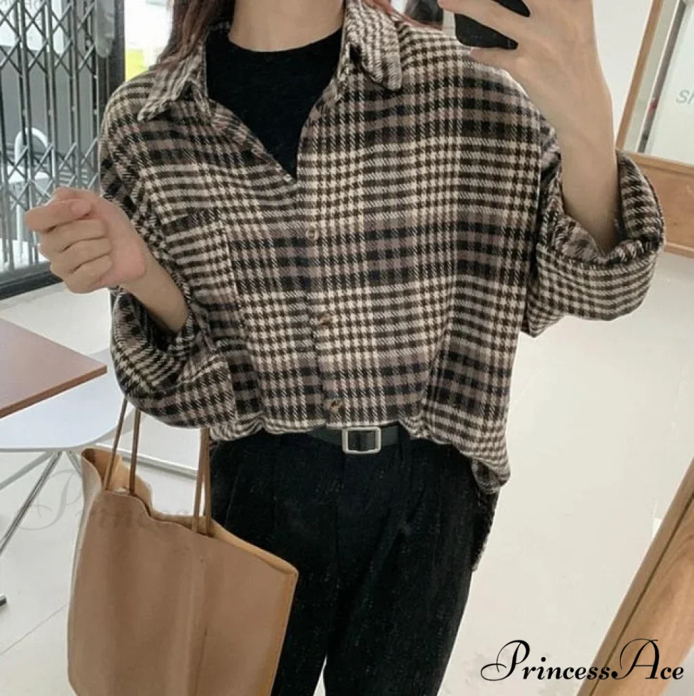 Woolen Blouse Women's Ropa Arm Top Plaid Blouse Coat Long De Thickened Mujer - Image 6