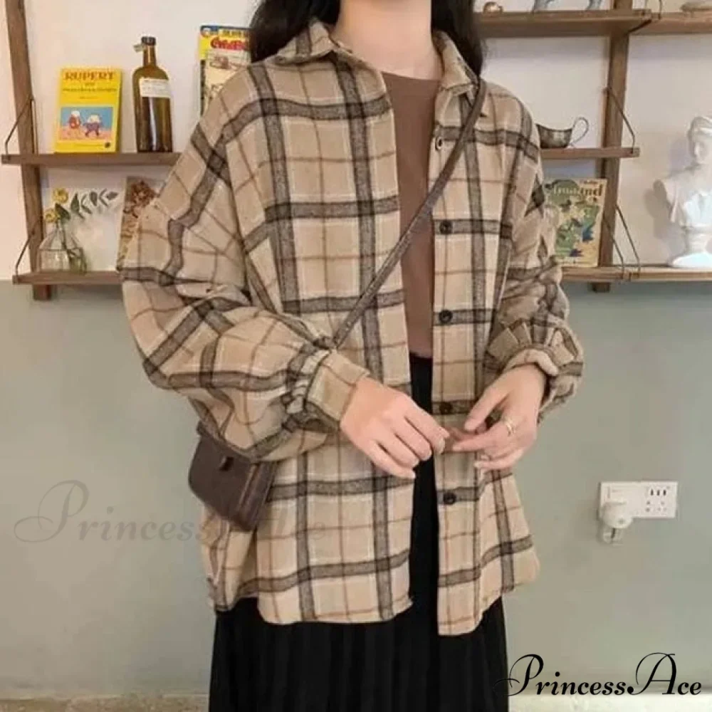 Woolen Blouse Women's Ropa Arm Top Plaid Blouse Coat Long De Thickened Mujer - Image 9