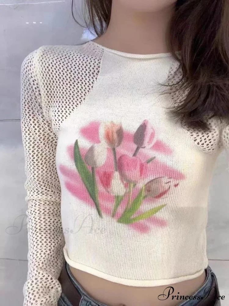 Flowered Tops Fashion Arm Sexy Tees Autumn Knitted Women Slim Female O-Neck Tshirts Brief Crop Blouse Casual T-shirt Y2k 2024