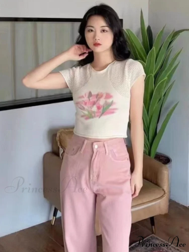 Flowered Tops Fashion Arm Sexy Tees Autumn Knitted Women Slim Female O-Neck Tshirts Brief Crop Blouse Casual T-shirt Y2k 2024 - Image 2