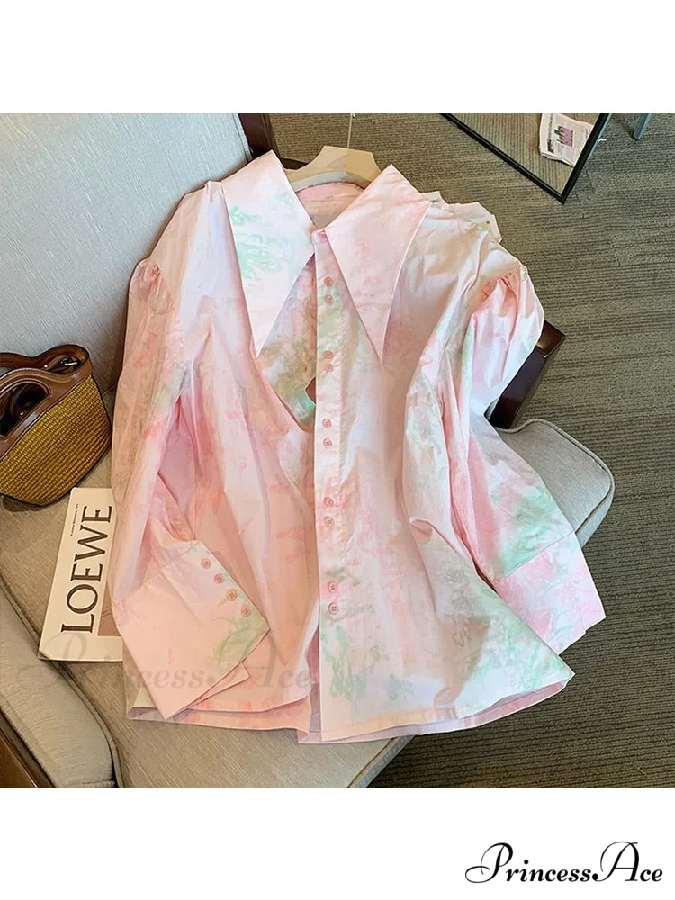 Dye Loose Korean Arm Spring Blouse 2024 Single Women's Fashion Female Blouse Long with Tie Casual Turn-Down Breasted Collar