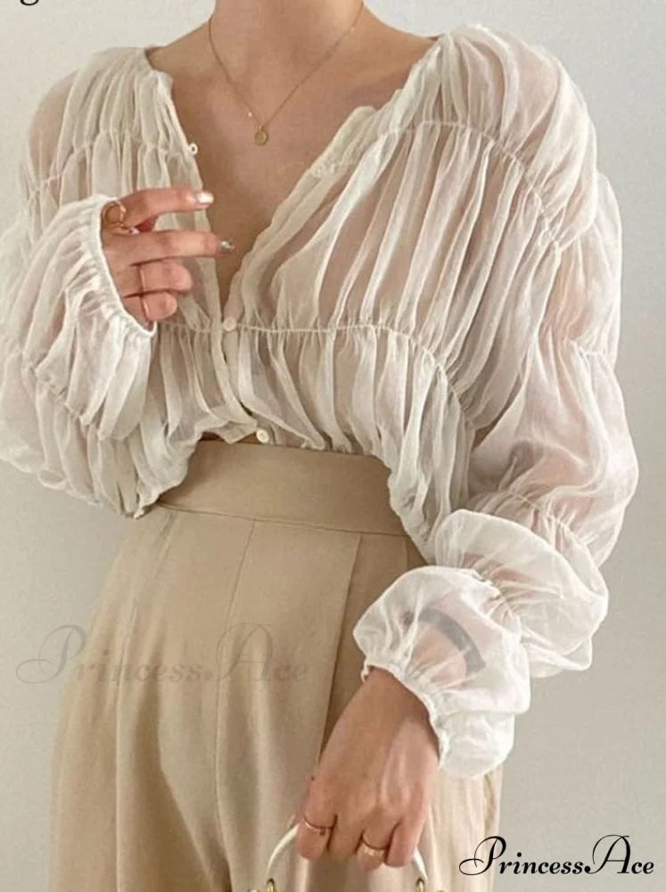 Loose Blouse Blusas Long Blouse Women Arm Perspective Tops Chiffon Folds Fashion Korean Casual Folded Warm-Season Mujer