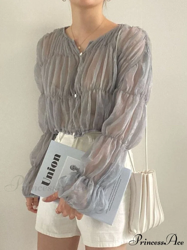 Loose Blouse Blusas Long Blouse Women Arm Perspective Tops Chiffon Folds Fashion Korean Casual Folded Warm-Season Mujer - Image 2