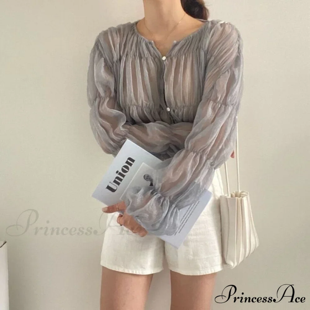 Loose Blouse Blusas Long Blouse Women Arm Perspective Tops Chiffon Folds Fashion Korean Casual Folded Warm-Season Mujer - Image 5