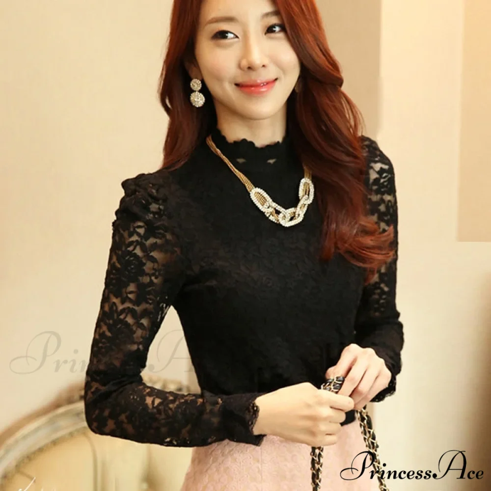 Plus Hollow White Woman Crocheted Arm Size Long Blouse Neckline Out Lace Stand-up Shirts - Image 2