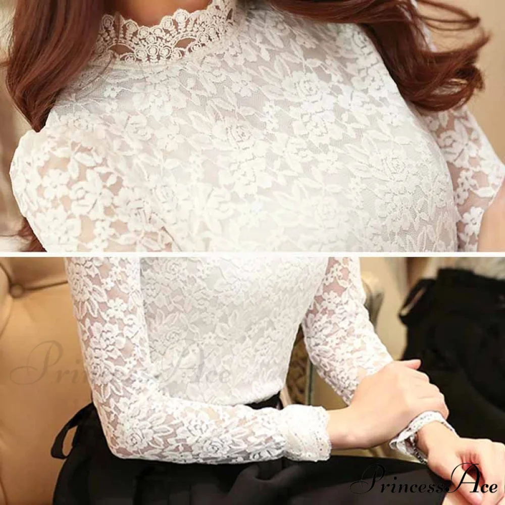 Plus Hollow White Woman Crocheted Arm Size Long Blouse Neckline Out Lace Stand-up Shirts - Image 4