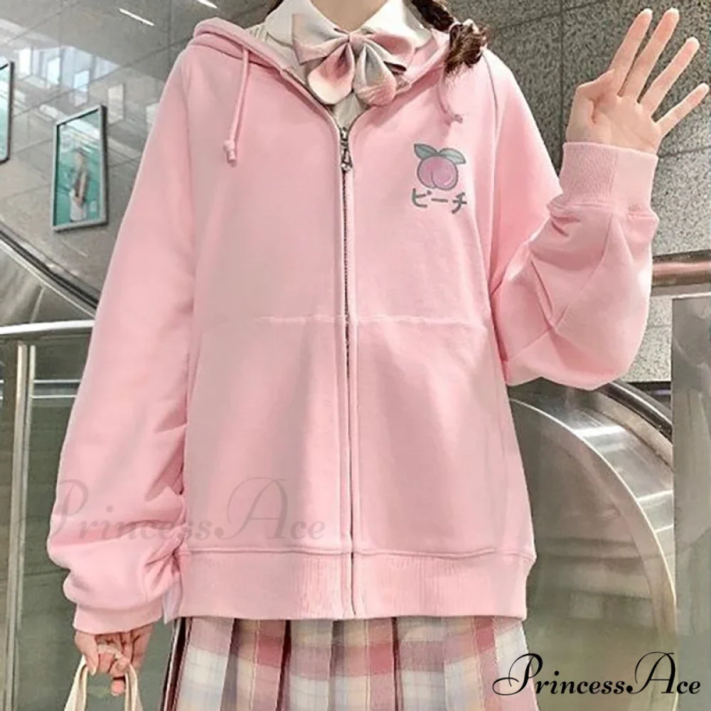 Plus Hoodie Design Women Fruit Sweatshirt Harajuku Loose Thin Zipper Sweet Pink Pocket Cute Size Spring Clothes - Image 2