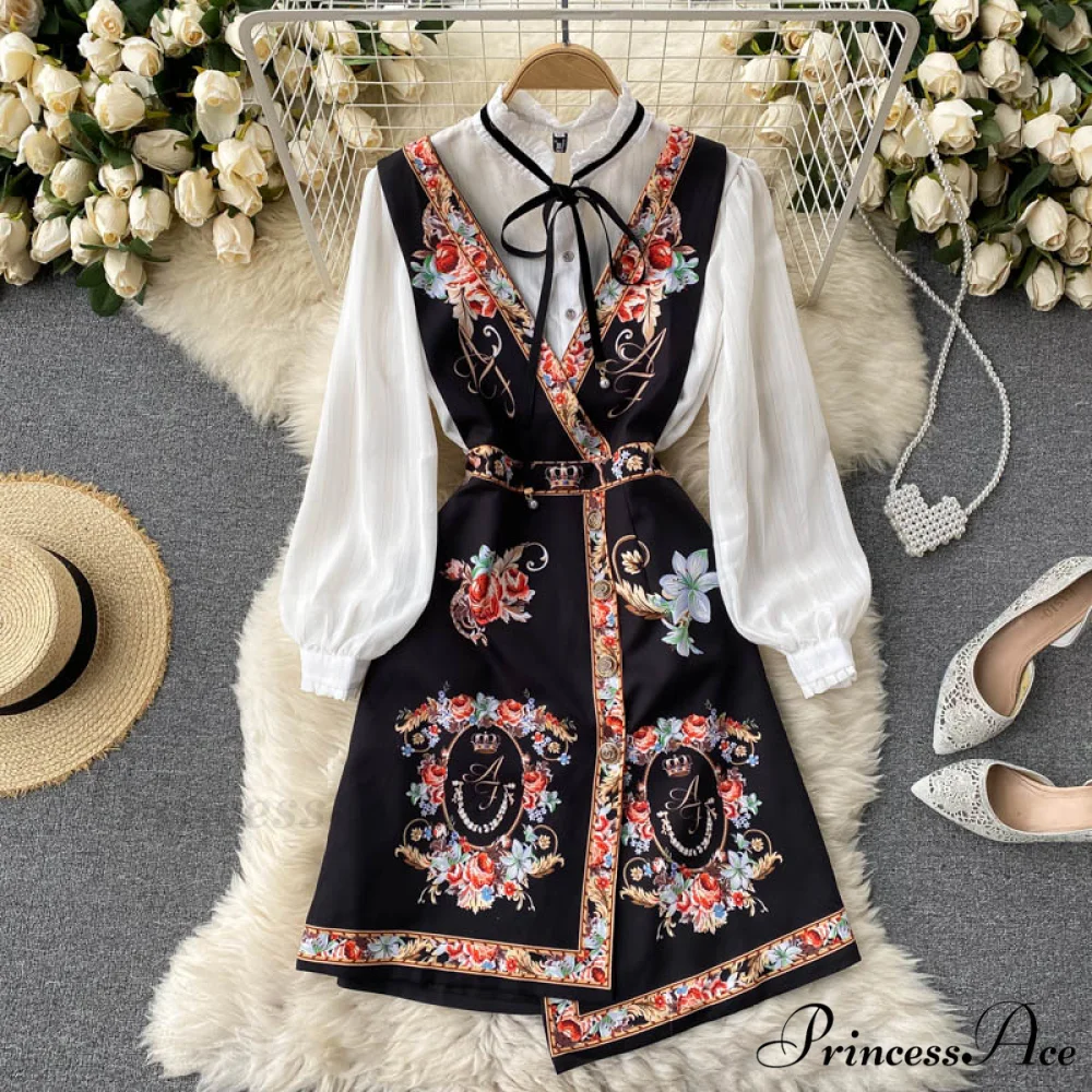 Bow Top and Elegant with for White Flower Overalls Vest Irregular Piece Gown Gown V-Neck Neckline Design Set Blouse 2 Women
