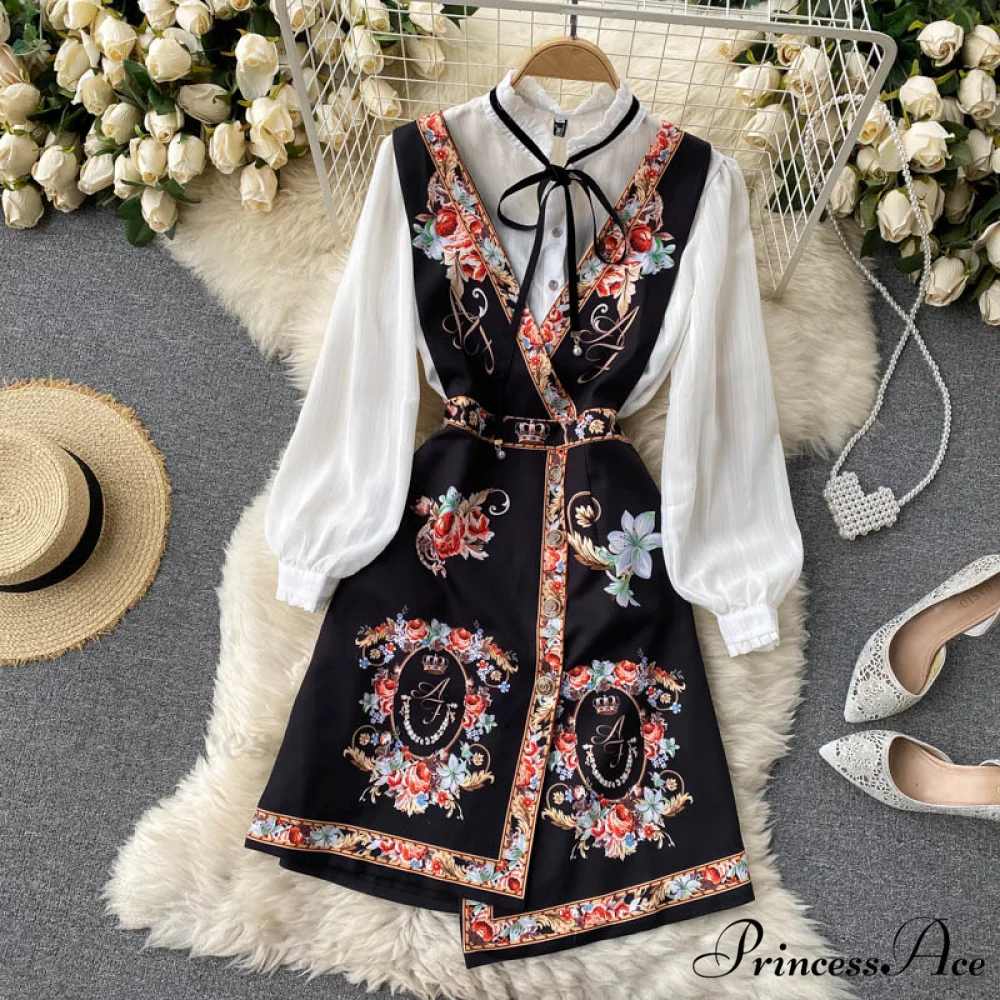Bow Top and Elegant with for White Flower Overalls Vest Irregular Piece Gown Gown V-Neck Neckline Design Set Blouse 2 Women - Image 2