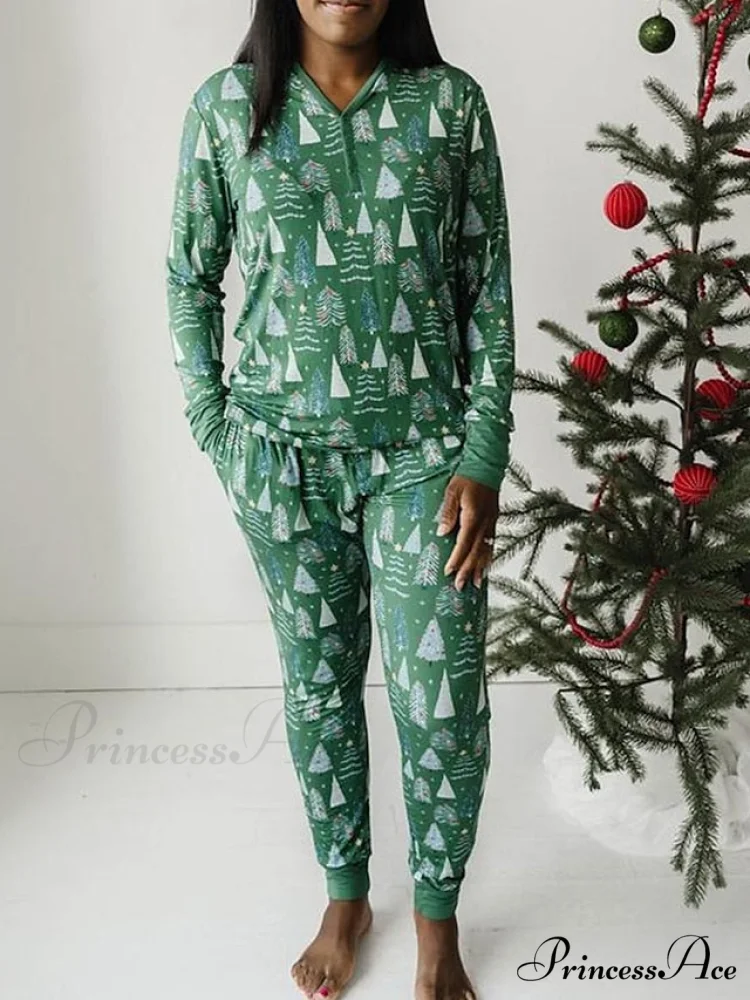 Breathable Long Women's Pant Button Pajama Fall V and - Trees Arm Set Pink Cotton Christmas Winter Casual Blouse Wire - Fashion Comfort - Green