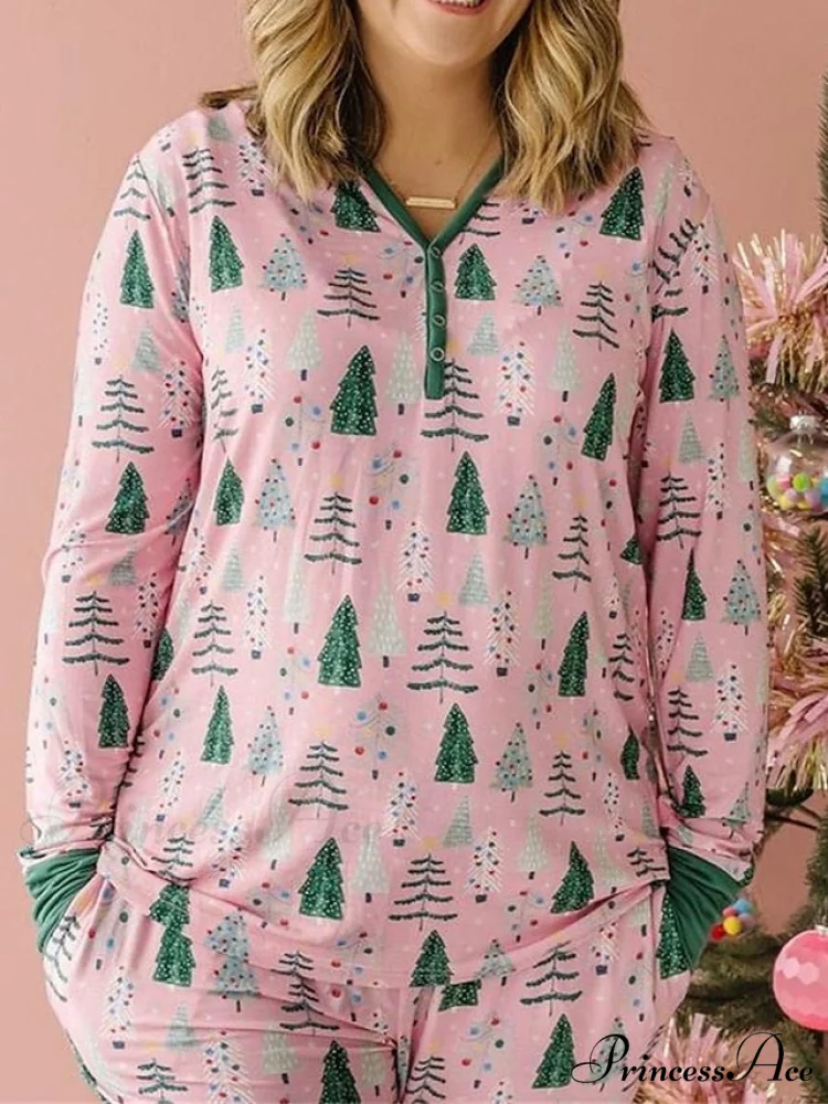 Breathable Long Women's Pant Button Pajama Fall V and - Trees Arm Set Pink Cotton Christmas Winter Casual Blouse Wire - Fashion Comfort - Green - Image 6