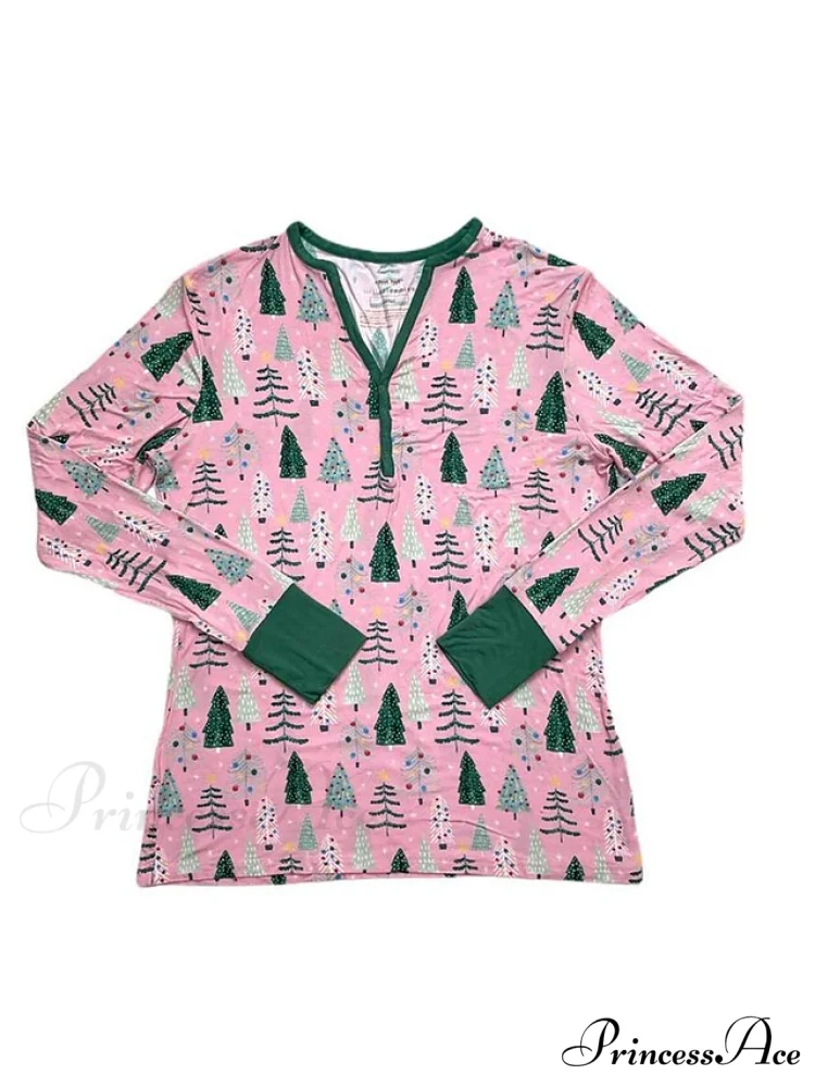 Breathable Long Women's Pant Button Pajama Fall V and - Trees Arm Set Pink Cotton Christmas Winter Casual Blouse Wire - Fashion Comfort - Green - Image 7