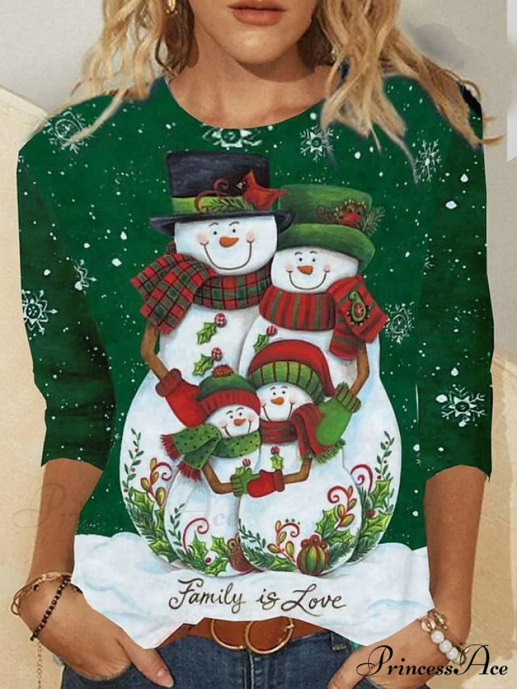 Design Neck with Long Christmas Weekend Reindeer - - Snowman Round T-shirt Basic and Arm Women's Black Painting - Image 3