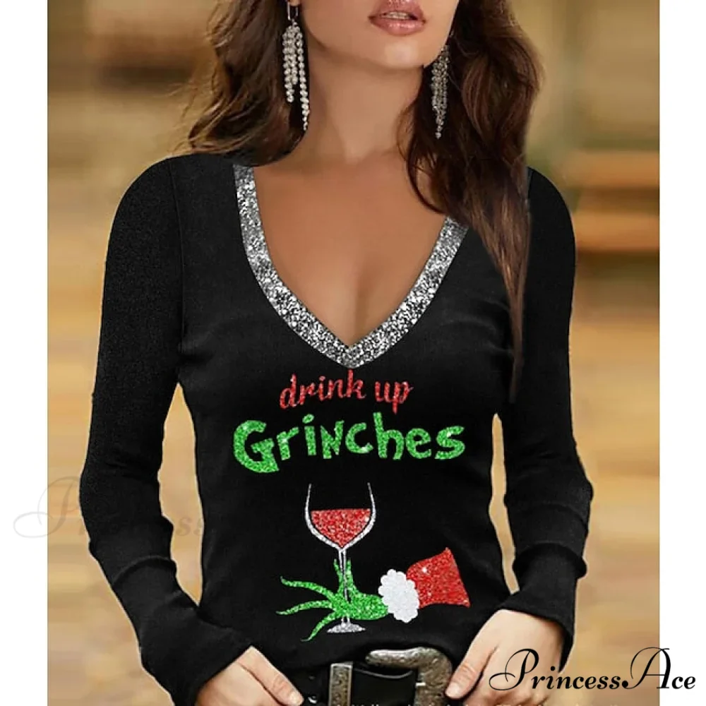 Sparkly 3D Painting shirt Green Wine / Christmas Regular T Weekend Design V Fuchsia Tee Women's Neck Long S Tree Arm Design Basic