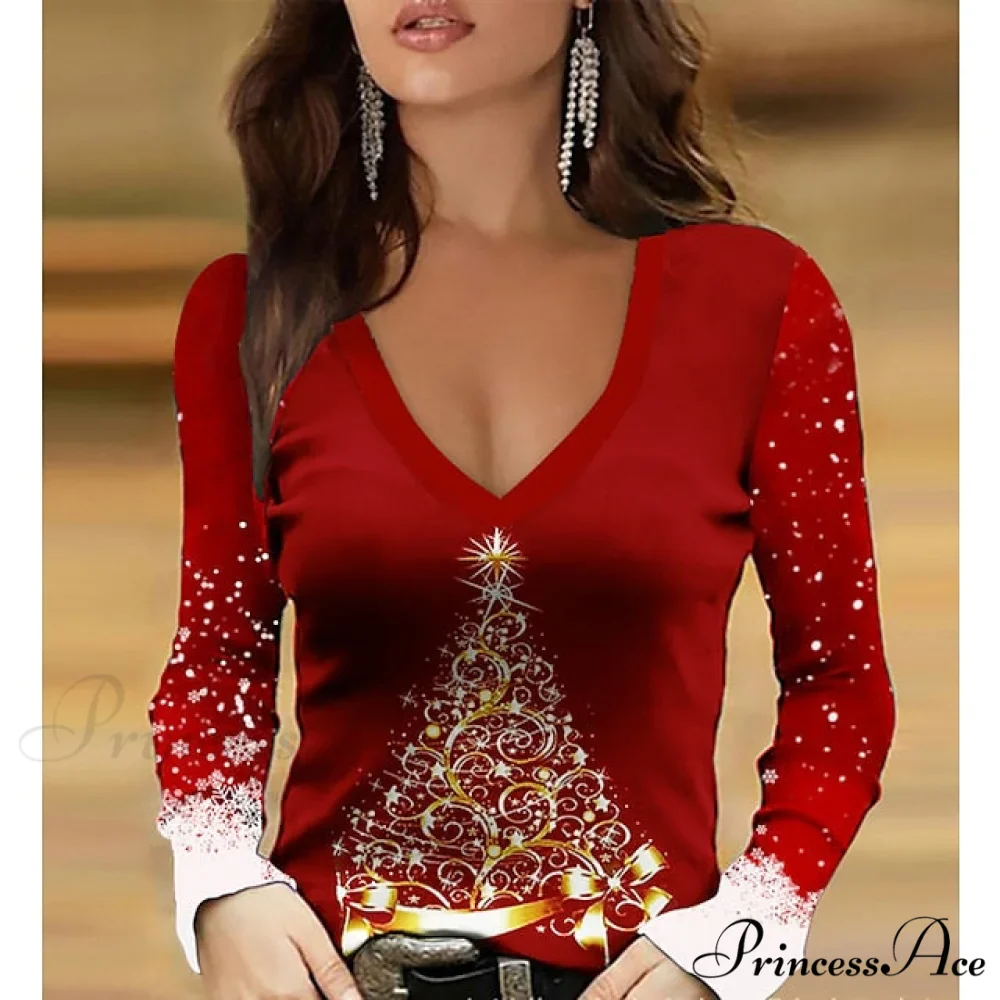 Sparkly 3D Painting shirt Green Wine / Christmas Regular T Weekend Design V Fuchsia Tee Women's Neck Long S Tree Arm Design Basic - Image 3