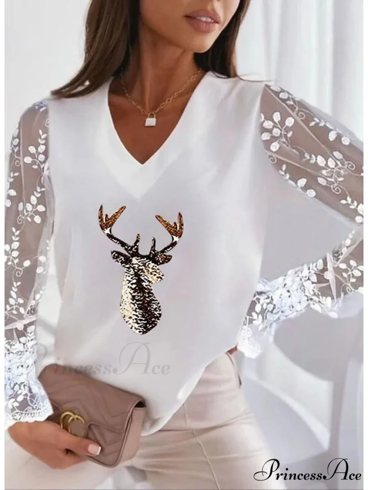 Lace Women's Patchwork Silver Maroon Reindeer Christmas Peach Trim Tee - Image 2