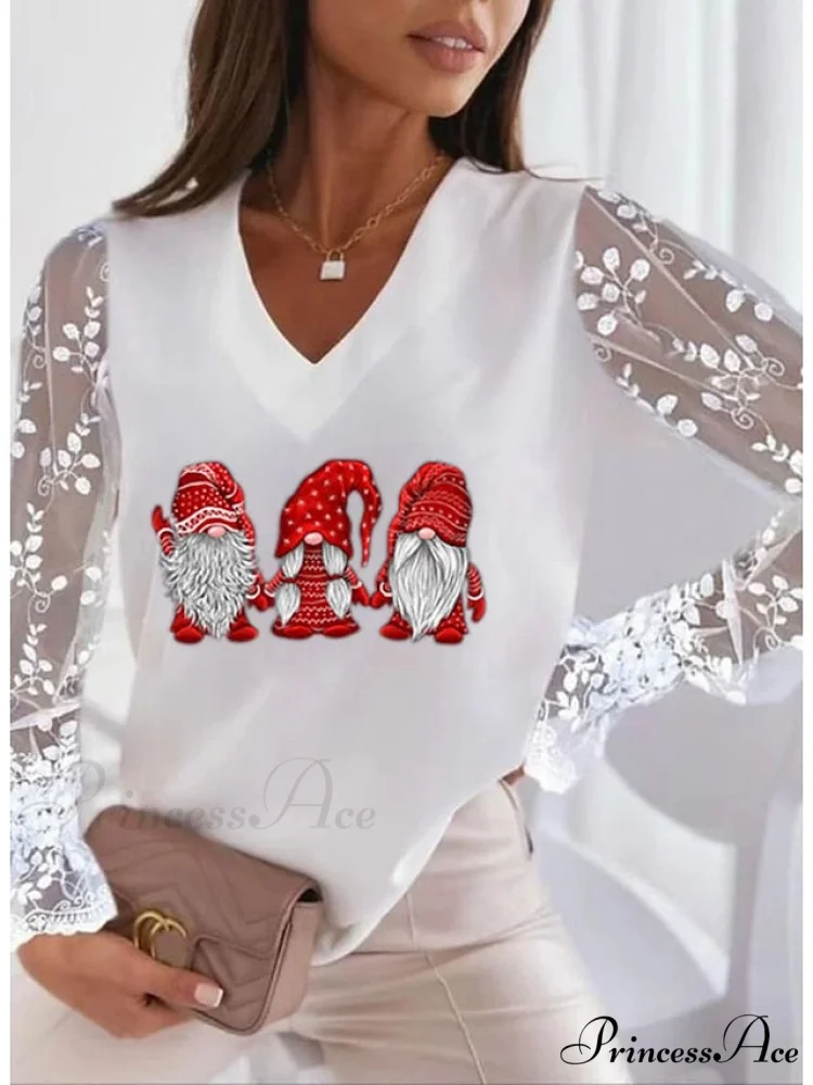 Lace Women's Patchwork Silver Maroon Reindeer Christmas Peach Trim Tee - Image 4