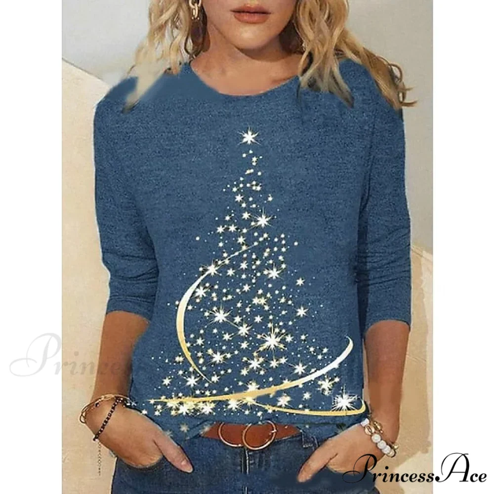 Women's Design Neck Round Festive Long Red Flowered Peacock Green Arm Tree Christmas Casual Blue Brick Dark Shirt - Image 4