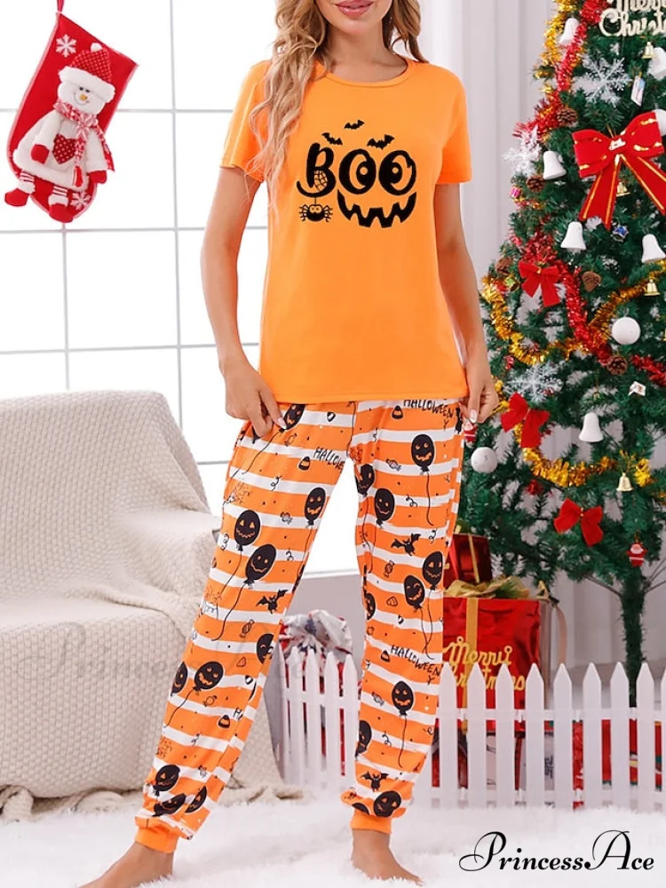 Casual Arm Letter T-shirt Pant Pajama Breathable Home Women's Black Brief Tee Animal Fall Neck Christmas Crew Set Warm-Season Comfort Halloween Polyester White