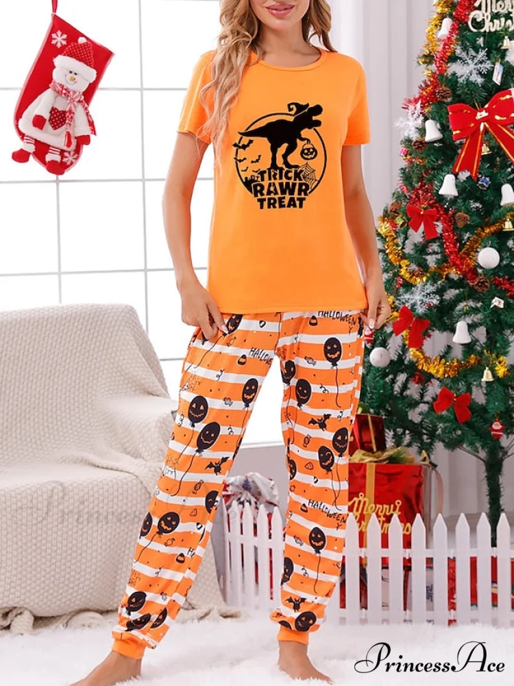 Casual Arm Letter T-shirt Pant Pajama Breathable Home Women's Black Brief Tee Animal Fall Neck Christmas Crew Set Warm-Season Comfort Halloween Polyester White - Image 2