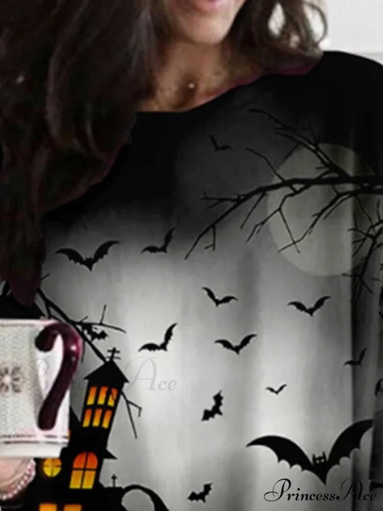 Neck Halloween Women's Casual - Fall Crew Blouse Pumpkin - Long Loose - Gown with - Winter Fit 2024 T - Design Black Arm - XXS-5XL - Image 2