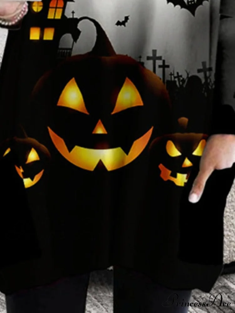 Neck Halloween Women's Casual - Fall Crew Blouse Pumpkin - Long Loose - Gown with - Winter Fit 2024 T - Design Black Arm - XXS-5XL - Image 3
