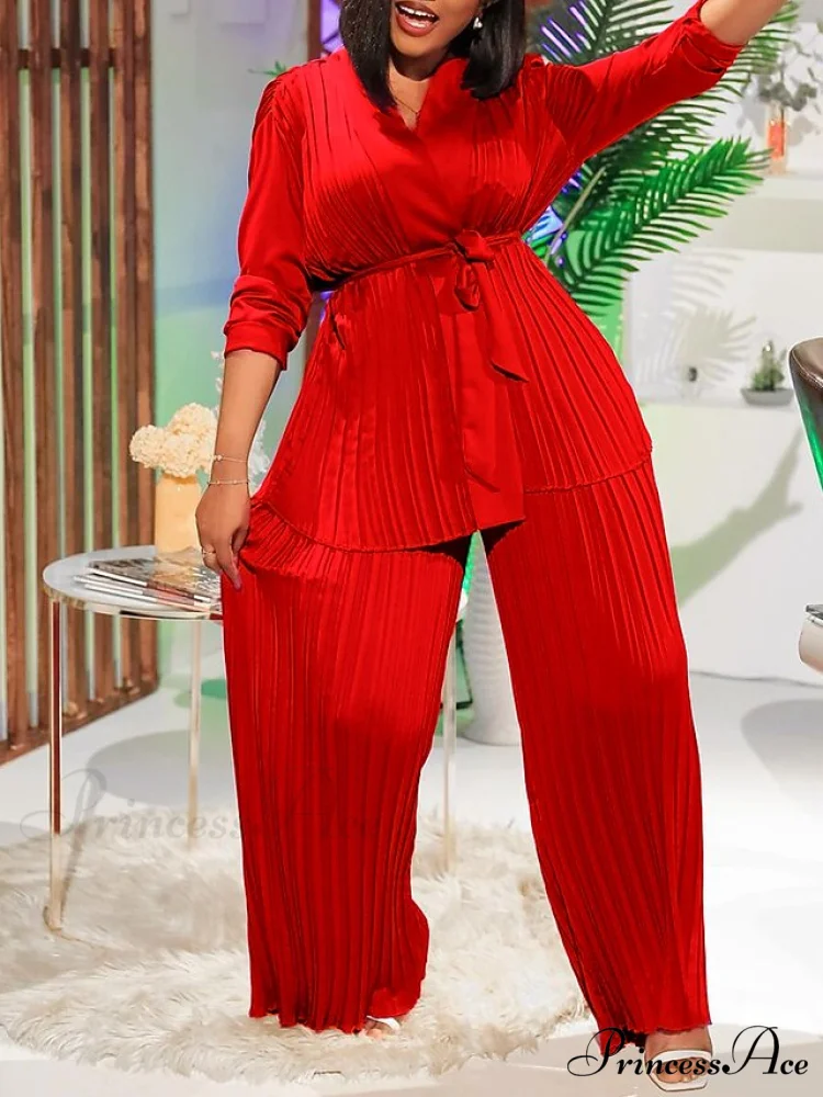 Fit Fuchsia - Pants Sets Casual Spring V White Color Daily & - Fashion Solid - - Long Blouse - Red Neck - Regular Women's Arm Fall - Image 6