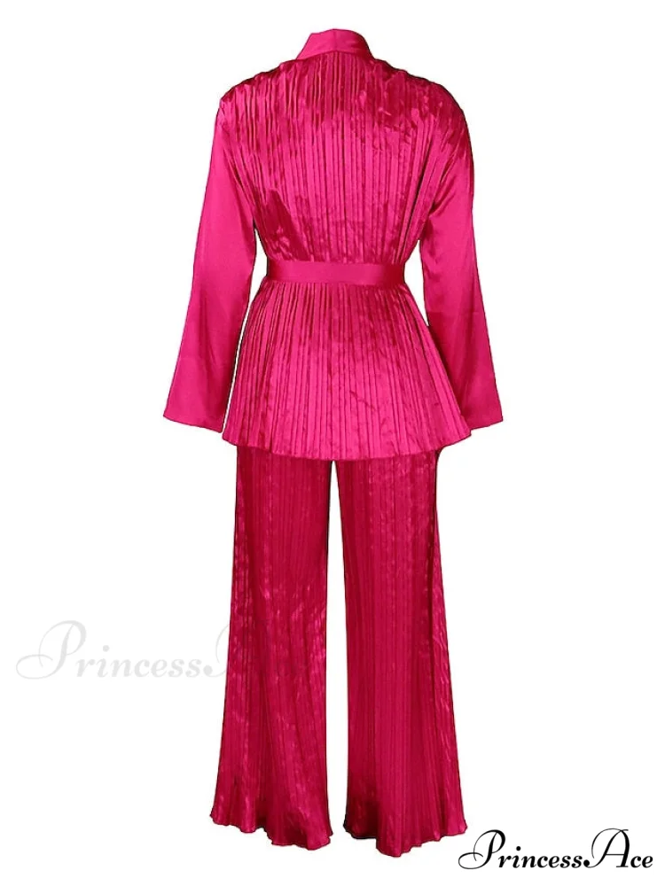 Fit Fuchsia - Pants Sets Casual Spring V White Color Daily & - Fashion Solid - - Long Blouse - Red Neck - Regular Women's Arm Fall - Image 8