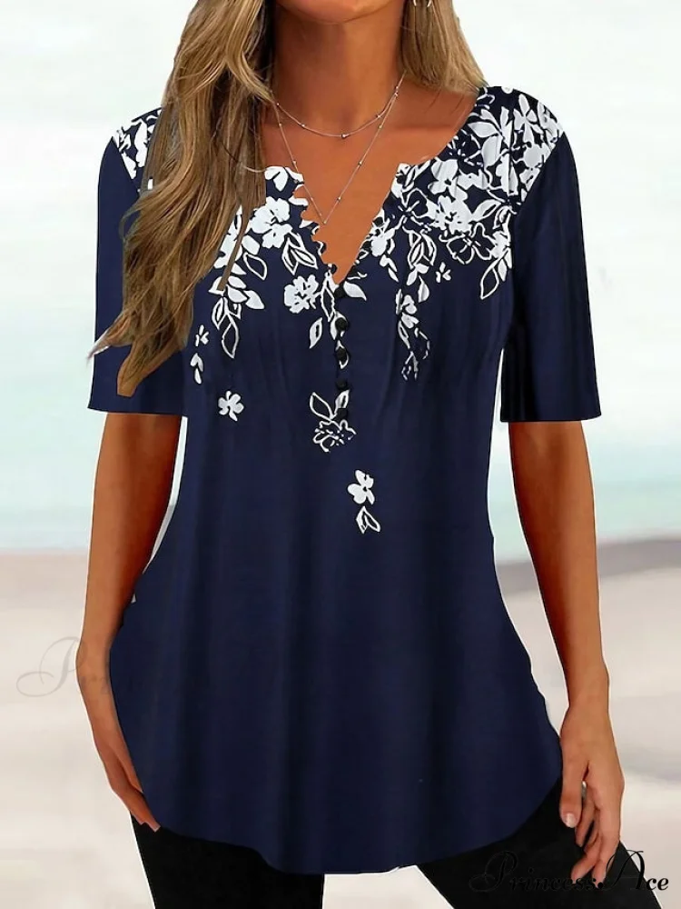 Navy Fit Flowered Women's in Brief Blue Painting Button Tunic White Sleeve Regular Neck Black with Flowered Print Round T-shirt Weekend Festive Design