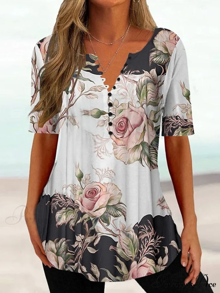Navy Fit Flowered Women's in Brief Blue Painting Button Tunic White Sleeve Regular Neck Black with Flowered Print Round T-shirt Weekend Festive Design - Image 2